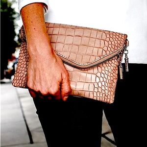 Henri Bendel Tan Croc Embossed Leather Clutch Crossbody